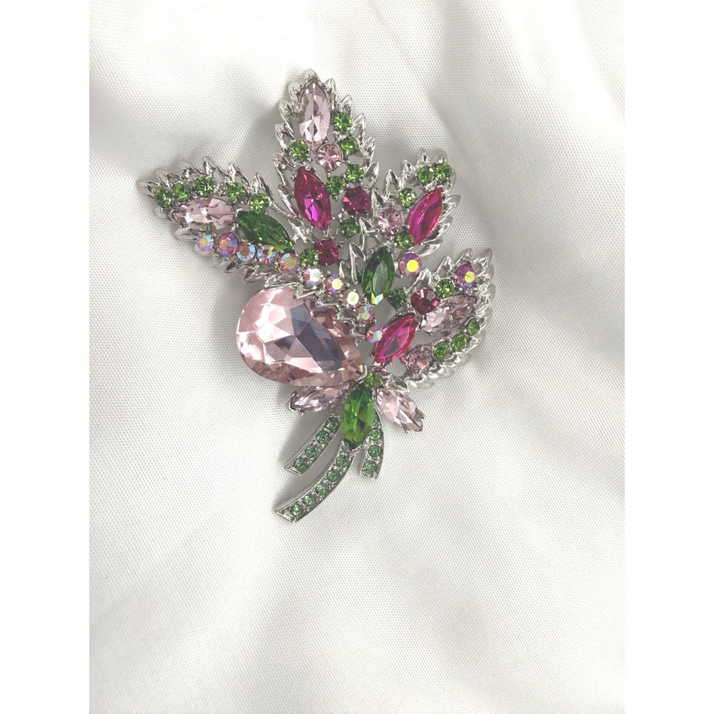Sparkly Pink Green Rhinestone Floral Leaf‎ Brooch Silver Tone Statement Pin Gift